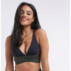 Resort Wrap Bikini Top Black & Gold V Front Women's Size 8 Excellent Condition!